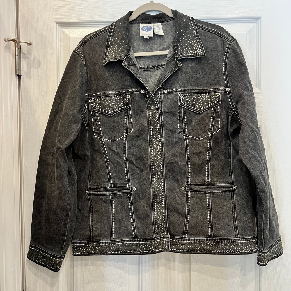 DG2 Diane Gilman Denim Jacket Ramie Cotton Rhinestone Washed Black Western Y2K L